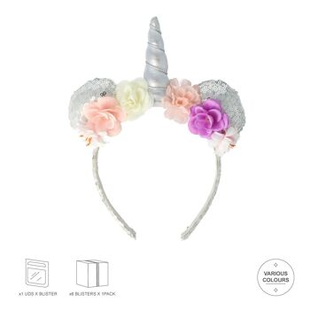Bandeau pour cheveux enfant - Corne de licorne et fleurs - Argent 2