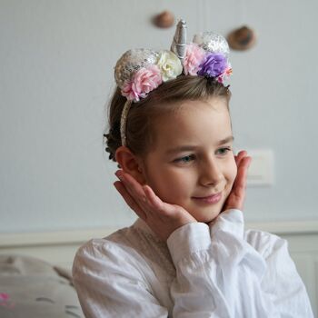 Bandeau pour cheveux enfant - Corne de licorne et fleurs - Argent 3