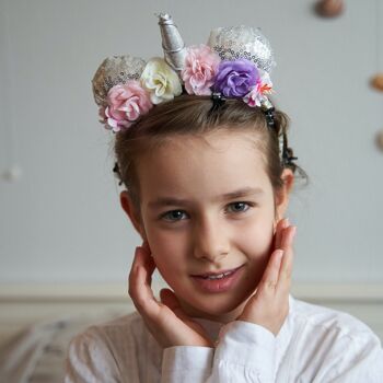 Bandeau pour cheveux enfant - Corne de licorne et fleurs - Argent 4