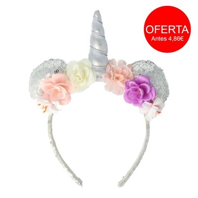 Diadema Infantil Pelo - Cuerno Unicornio y Flores - Plateada