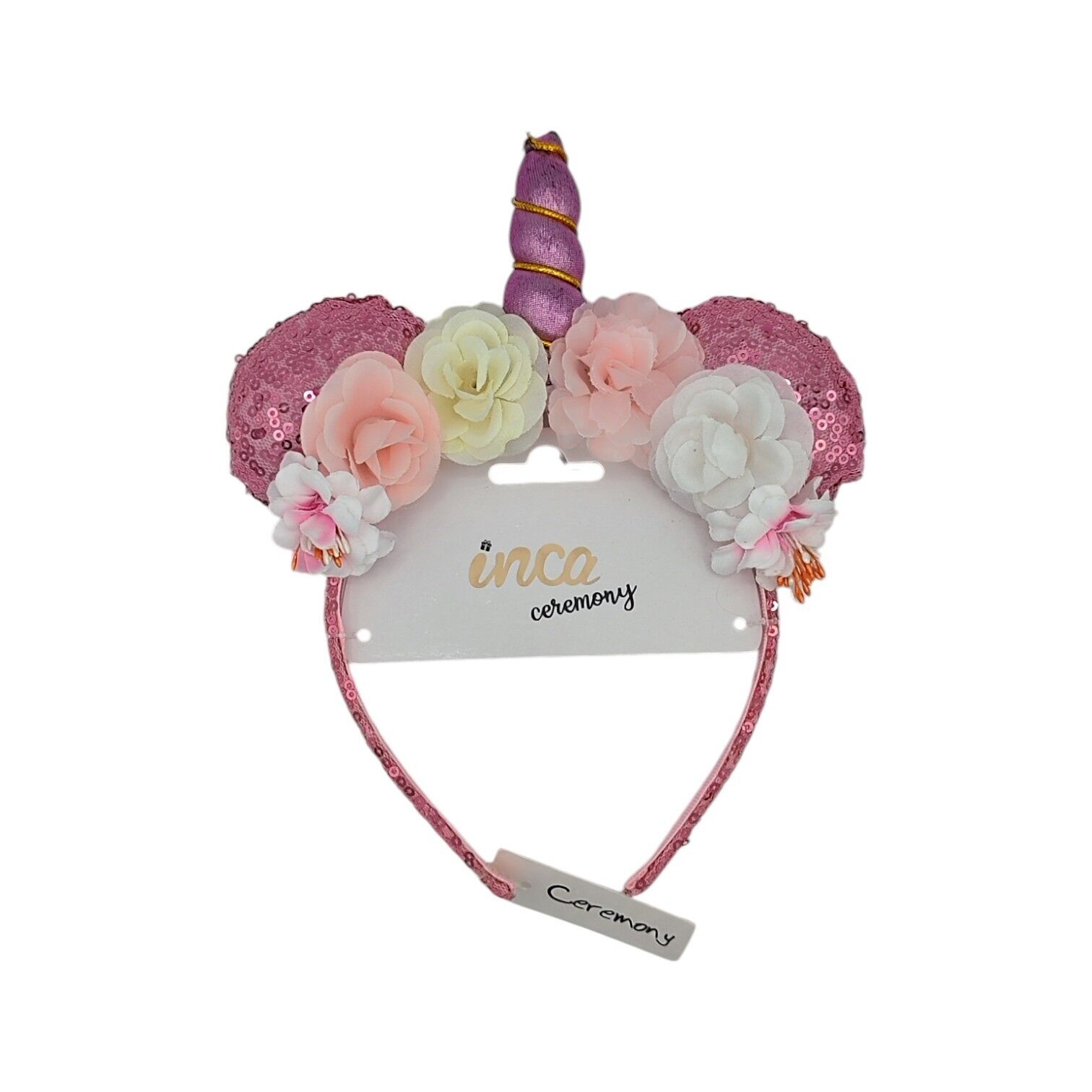 Fascia per capelli per bambini - Corno di unicorno e fiori - Argento, rosa, rosso