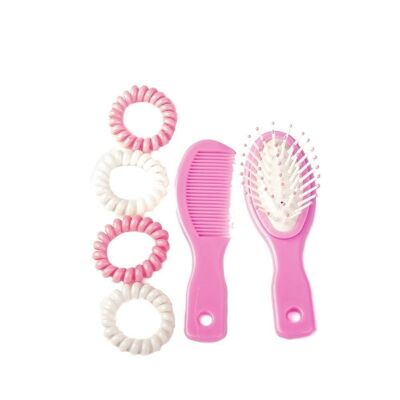 Children's Hair Set - 4 Rubber Bands, Comb and Brush - Pink