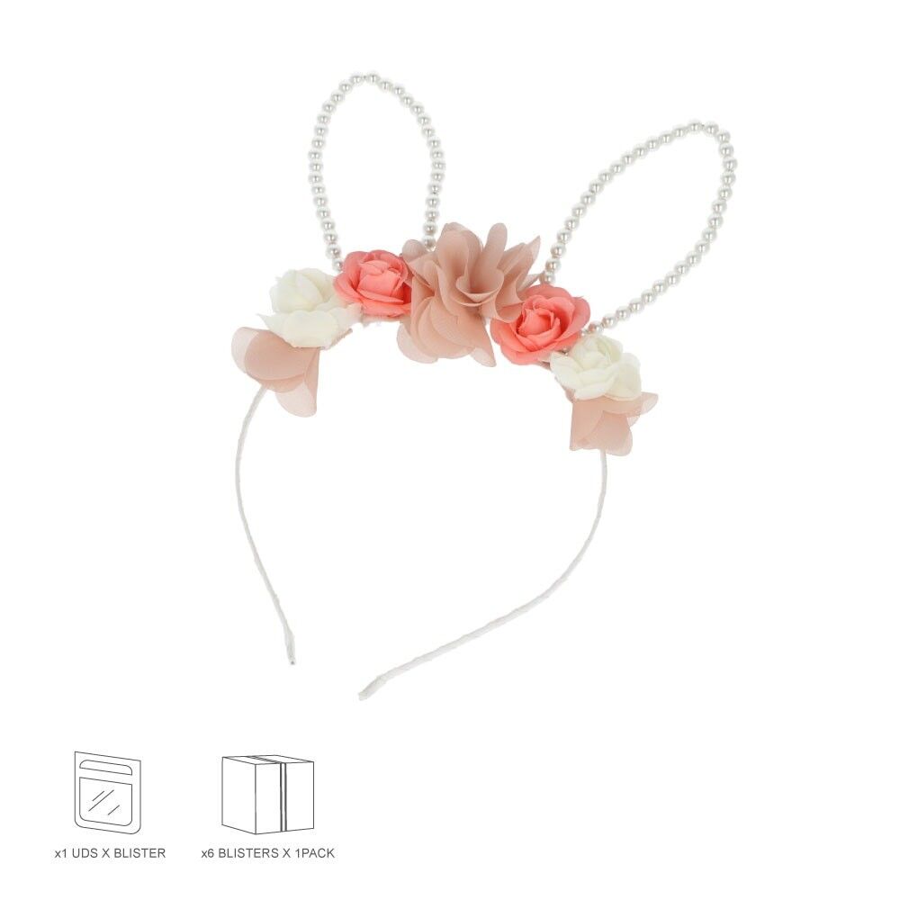 Cerchietto in metallo foderato - Ornamento per le orecchie con perline bianche e fiori