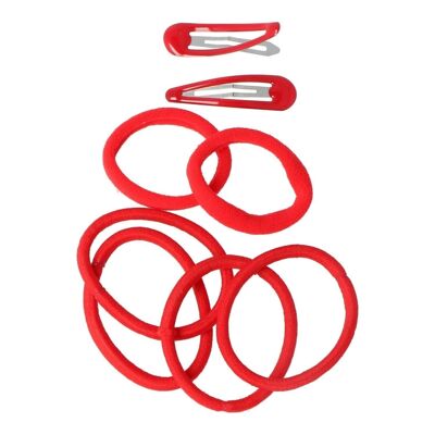 Set of 6 Hair Bands and 2 Clips - Red