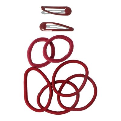 Set of 6 Rubber Bands and 2 Metal Hair Clips - Red