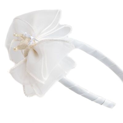 Children's Rigid Headband - Double Bow and Crown - White