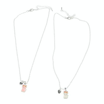 Children's Set 2 Necklaces with Cat Pendant - Pink and White