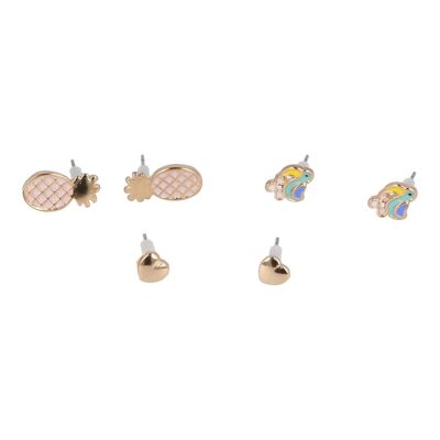 Children's Set 3 Pairs of Pineapple, Flamingo and Heart Earrings
