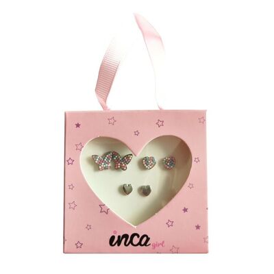 Children's Set 3 Pairs of Earrings - Heart and Butterfly
