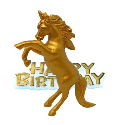 Decoración para tarta de resina de unicornio y lema dorado de feliz cumpleaños.