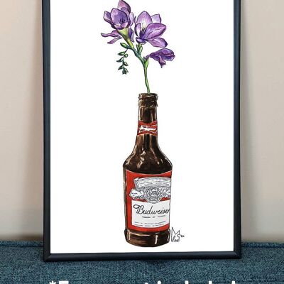 Purple flower in Beer bottle Art Print - A4 paper size