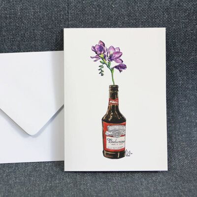 Purple flower in Beer bottle Greeting card