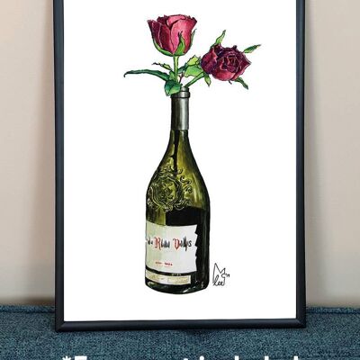 Roses in Wine Bottle Art Print - A4 paper size