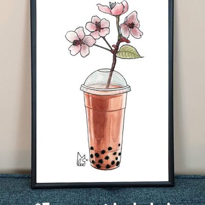 Sakura flowers in Bubble Tea Art Print - A4 paper size