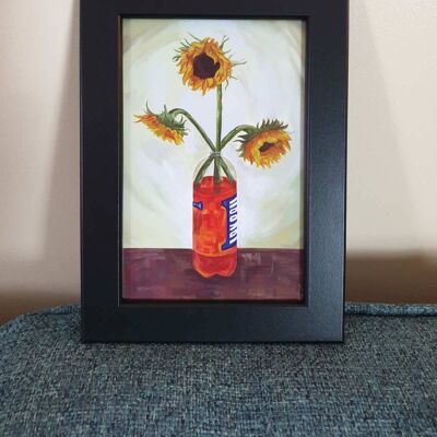 Sunflowers in Scottish "Iron Brew" drink Framed 4x6" print