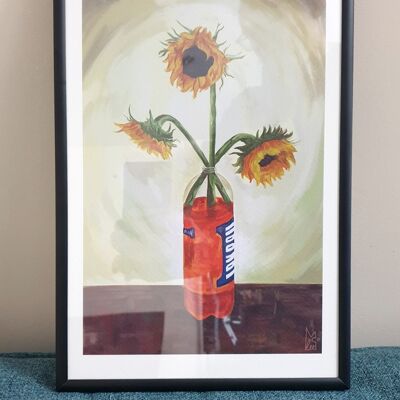 Sunflowers in Scottish "Iron Brew" soft drink Art Print - A4 paper size
