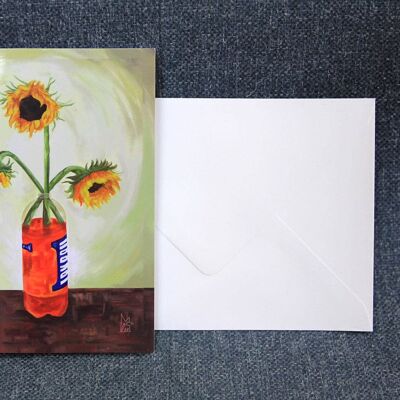 Sunflowers in Scottish "Iron Brew" soft drink Greeting card