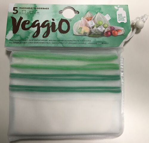 Carrinet Veggio Reusable Food Storage Bags | 100% Recycled Plastic Bottle Draw String Food Bags for Fruit and Veg Shopping, 5 Pack