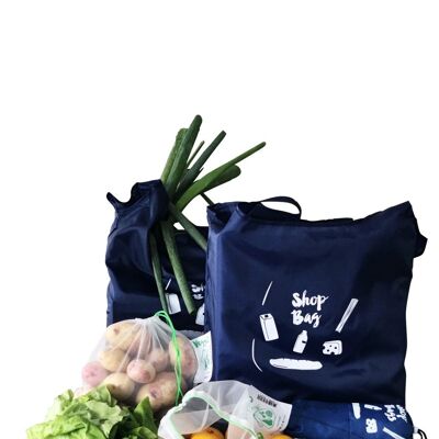 Carrinet Shop Set - Reusable Grocery Shopping Bags | 100 % recycled rPet | Washable, Durable, Foldable and Lightweight - Blue