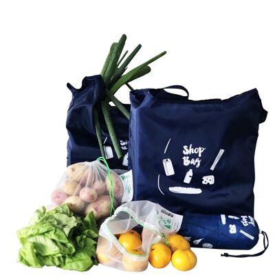 Carrinet Shop Set - Bolsas de compras reutilizables para comestibles | rPet 100 % reciclado | Lavable, Durable, Plegable y Ligero - Azul