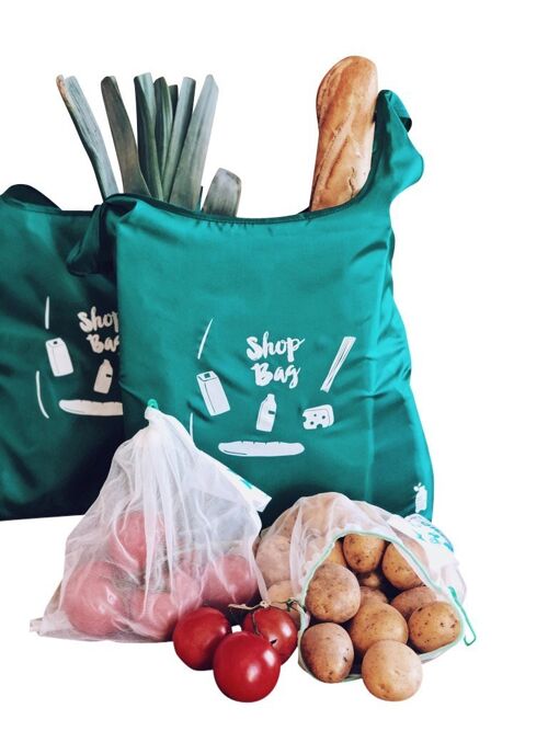 Carrinet Shop Set - Reusable Grocery Shopping Bags | 100 % recycled rPet | Washable, Durable, Foldable and Lightweight - Green
