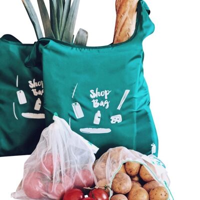 Carrinet Shop Set - Bolsas de compras reutilizables para comestibles | rPet 100 % reciclado | Lavable, Durable, Plegable y Ligero - Verde