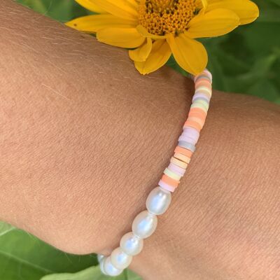 BOHO bracelet with freshwater pearls + polymer plates, stainless steel clasp