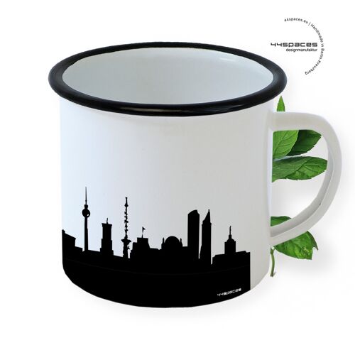 Berlin Emaille Tasse. Skyline schwarz