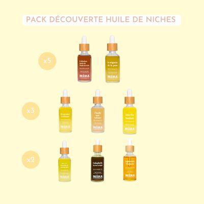 Paquete descubrimiento de aceites Niche - 8 aceites puros: Ricino, Moringa, Cártamo, Marula, Baobab, Kukui, Calophylle y Mostaza