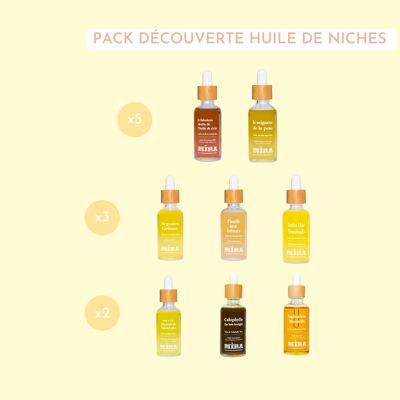 Paquete descubrimiento de aceites Niche - 8 aceites puros: Ricino, Moringa, Cártamo, Marula, Baobab, Kukui, Calophylle y Mostaza
