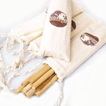 12 pailles en bambou dans un sac en tissu 2