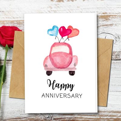 Fatto a mano ecologico | Biglietti per l'anniversario in carta con semi piantabili o materiale organico Love Car Confezione da 5