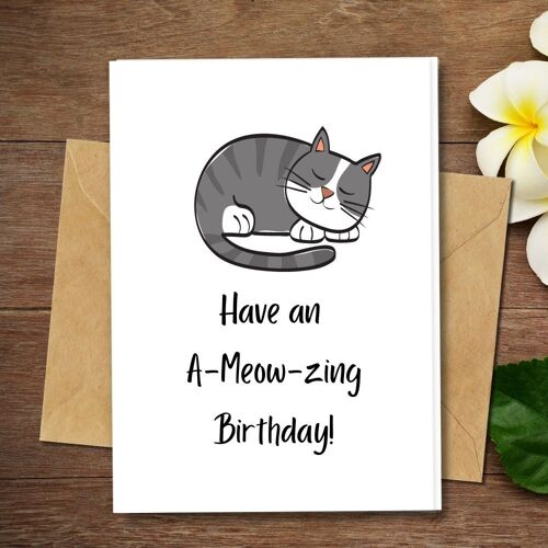 Handmade Eco Friendly | Plantable Seed or Organic Material Paper Birthday Cards A-mew-zing Birthday Single Card