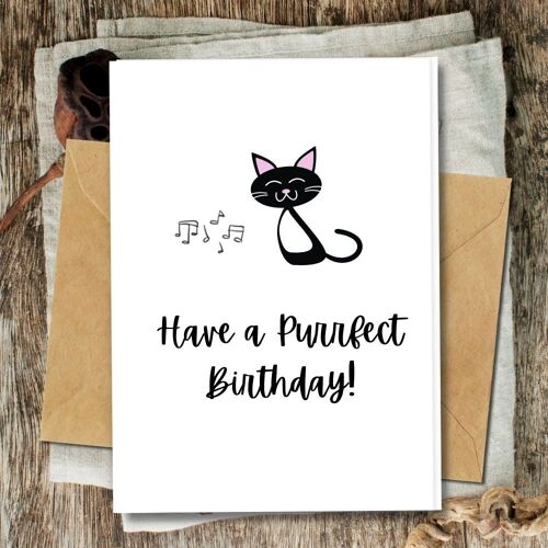 Handmade Eco Friendly | Plantable Seed or Organic Material Paper Birthday Cards Black Cat Single Card