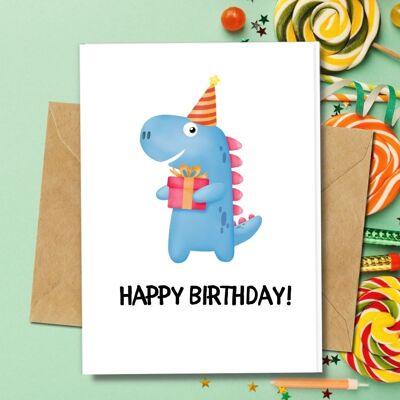 Handmade Eco Friendly | Plantable Seed or Organic Material Paper Birthday Cards Blue Dino Single Card