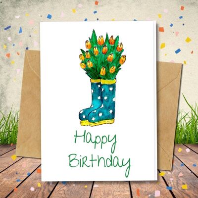 Handmade Eco Friendly | Plantable Seed or Organic Material Paper Birthday Cards Boots'n Flowers Pack of 5