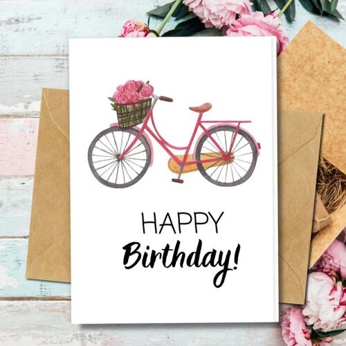 Handmade Eco Friendly | Plantable Seed or Organic Material Paper Birthday Cards Bike and Roses Pack of 5