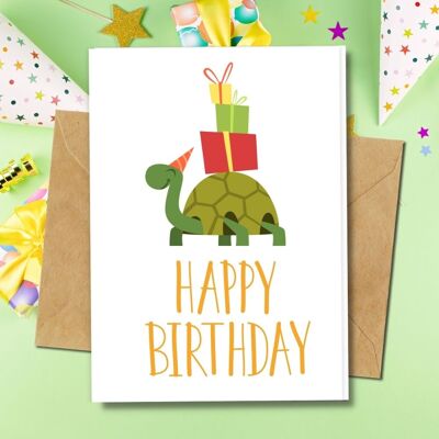 Ecológico hecho a mano | Tarjetas de cumpleaños de papel de material orgánico o semilla plantable Tarjeta individual de tortuga de cumpleaños