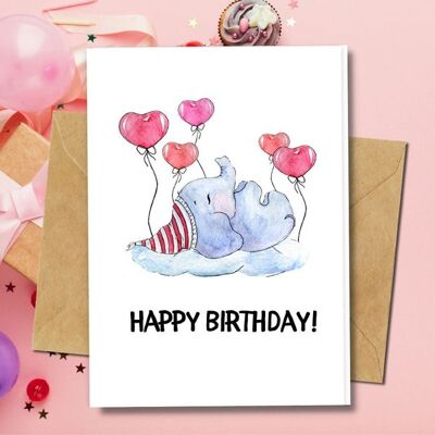 Handmade Eco Friendly | Plantable Seed or Organic Material Paper Birthday Cards Elephant&Hearts Single Card