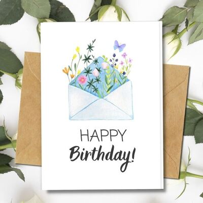 Handmade Eco Friendly | Plantable Seed or Organic Material Paper Birthday Cards Flowers in Envelope Single Card