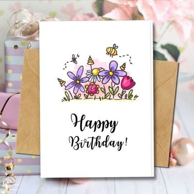 Handmade Eco Friendly | Plantable Seed or Organic Material Paper Birthday Cards Flowery Birthday Pack of 5