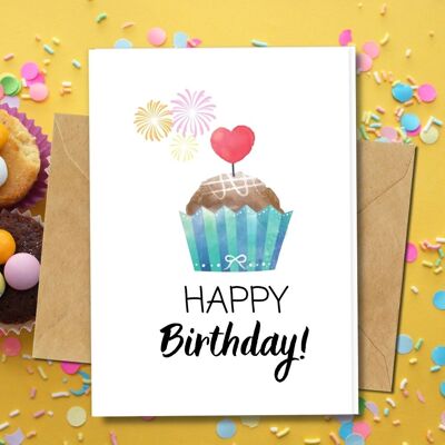 Handmade Eco Friendly | Plantable Seed or Organic Material Paper Birthday Cards Happy Muffin Single Card