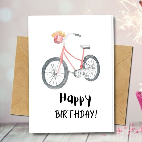 Handmade Eco Friendly | Plantable Seed or Organic Material Paper Birthday Cards Pink Bike Single Card