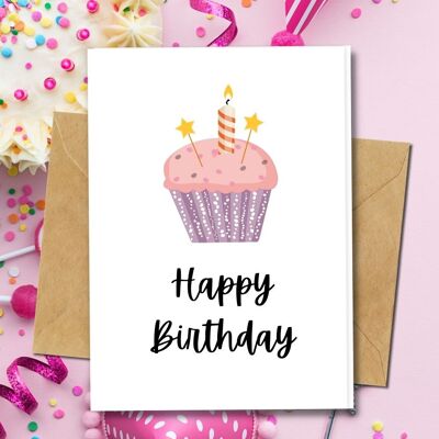 Ecológico hecho a mano | Tarjetas de cumpleaños de papel de material orgánico o semilla plantable Tarjeta individual de cupcake rosa