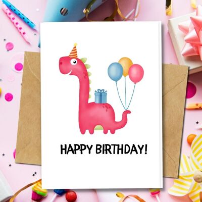 Handmade Eco Friendly | Plantable Seed or Organic Material Paper Birthday Cards Pink Dino Single Card