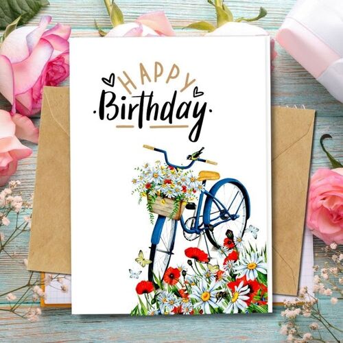 Handmade Eco Friendly | Plantable Seed or Organic Material Paper Birthday Cards Poppy Daisy and Bike Single Card