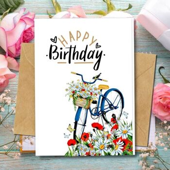 Fait à la main respectueux de l'environnement | Cartes d'anniversaire en papier de graines plantables ou de matières organiques Poppy Daisy and Bike Single Card 1