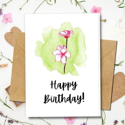 Ecológico hecho a mano | Tarjetas de cumpleaños de papel de material orgánico o semilla plantable Tarjeta individual de flor rosa