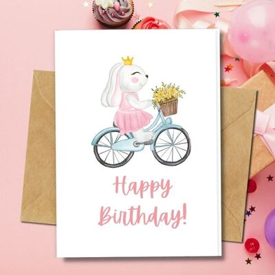 Handmade Eco Friendly | Plantable Seed or Organic Material Paper Birthday Cards Princess with Bicycle Single Card