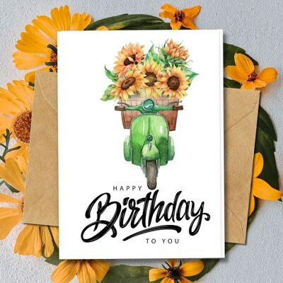Handmade Eco Friendly | Plantable Seed or Organic Material Paper Birthday Cards Sunflowers & Scooter Single Card